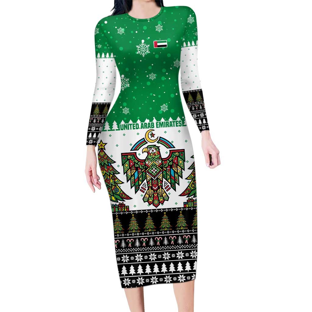 United Arab Emirates Christmas Long Sleeve Bodycon Dress with Falcon Tree Design Snowflake Pattern and National Emblem - Wonder Print Shop