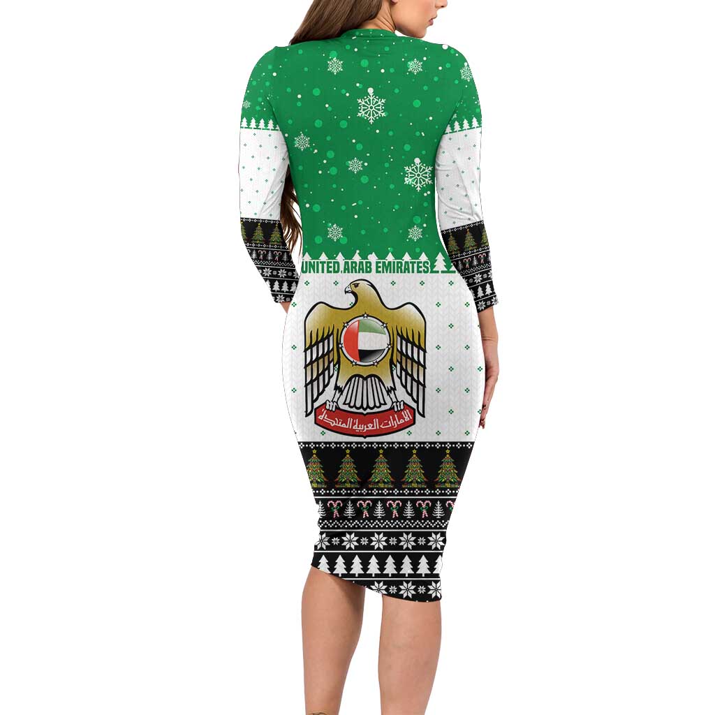 United Arab Emirates Christmas Long Sleeve Bodycon Dress with Falcon Tree Design Snowflake Pattern and National Emblem - Wonder Print Shop