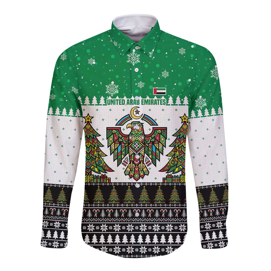 United Arab Emirates Christmas Long Sleeve Button Shirt with Falcon Tree Design Snowflake Pattern and National Emblem - Wonder Print Shop