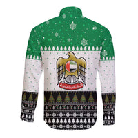 United Arab Emirates Christmas Long Sleeve Button Shirt with Falcon Tree Design Snowflake Pattern and National Emblem - Wonder Print Shop