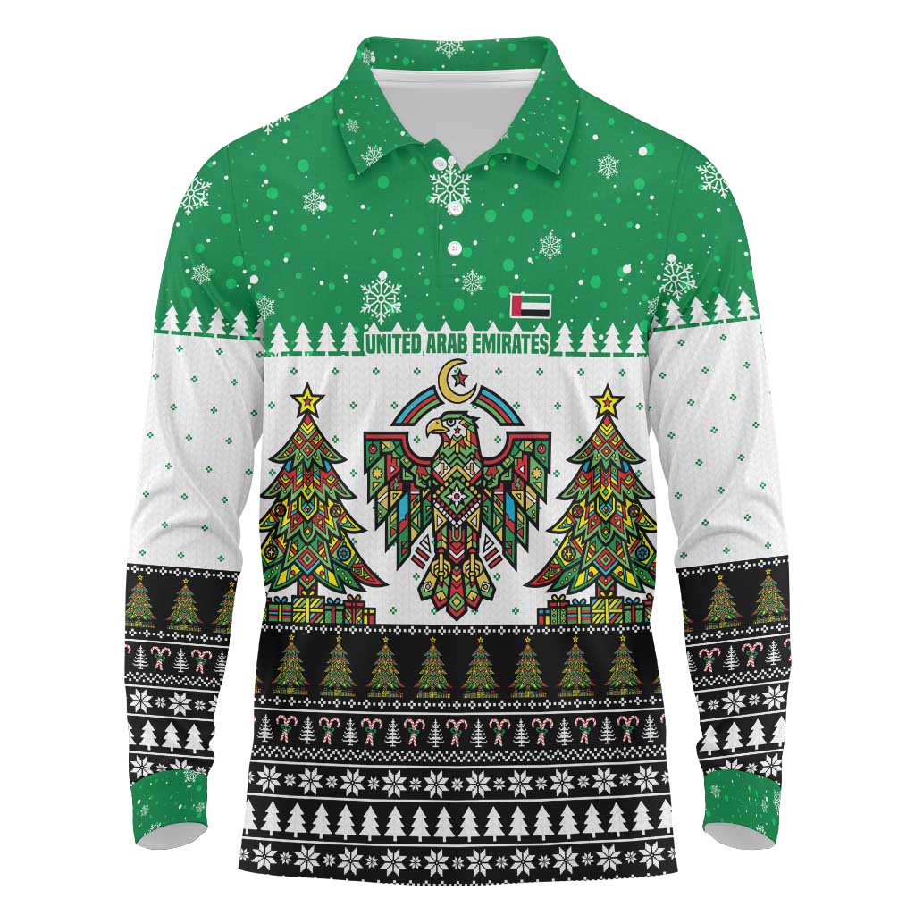 United Arab Emirates Christmas Long Sleeve Polo Shirt with Falcon Tree Design Snowflake Pattern and National Emblem - Wonder Print Shop