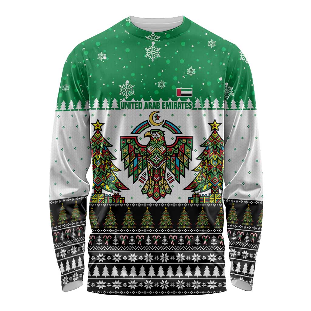 United Arab Emirates Christmas Long Sleeve Shirt with Falcon Tree Design Snowflake Pattern and National Emblem - Wonder Print Shop
