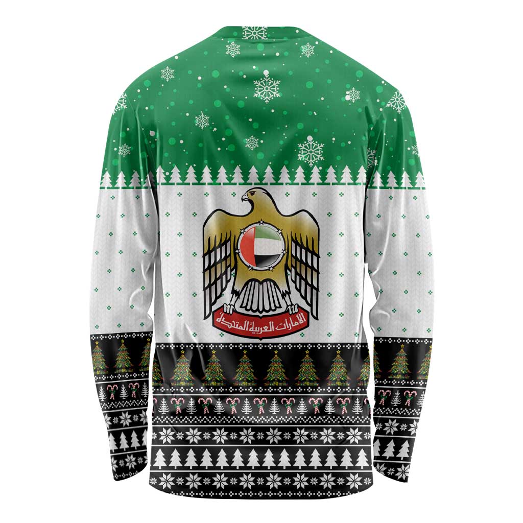 United Arab Emirates Christmas Long Sleeve Shirt with Falcon Tree Design Snowflake Pattern and National Emblem - Wonder Print Shop