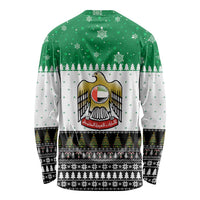 United Arab Emirates Christmas Long Sleeve Shirt with Falcon Tree Design Snowflake Pattern and National Emblem - Wonder Print Shop