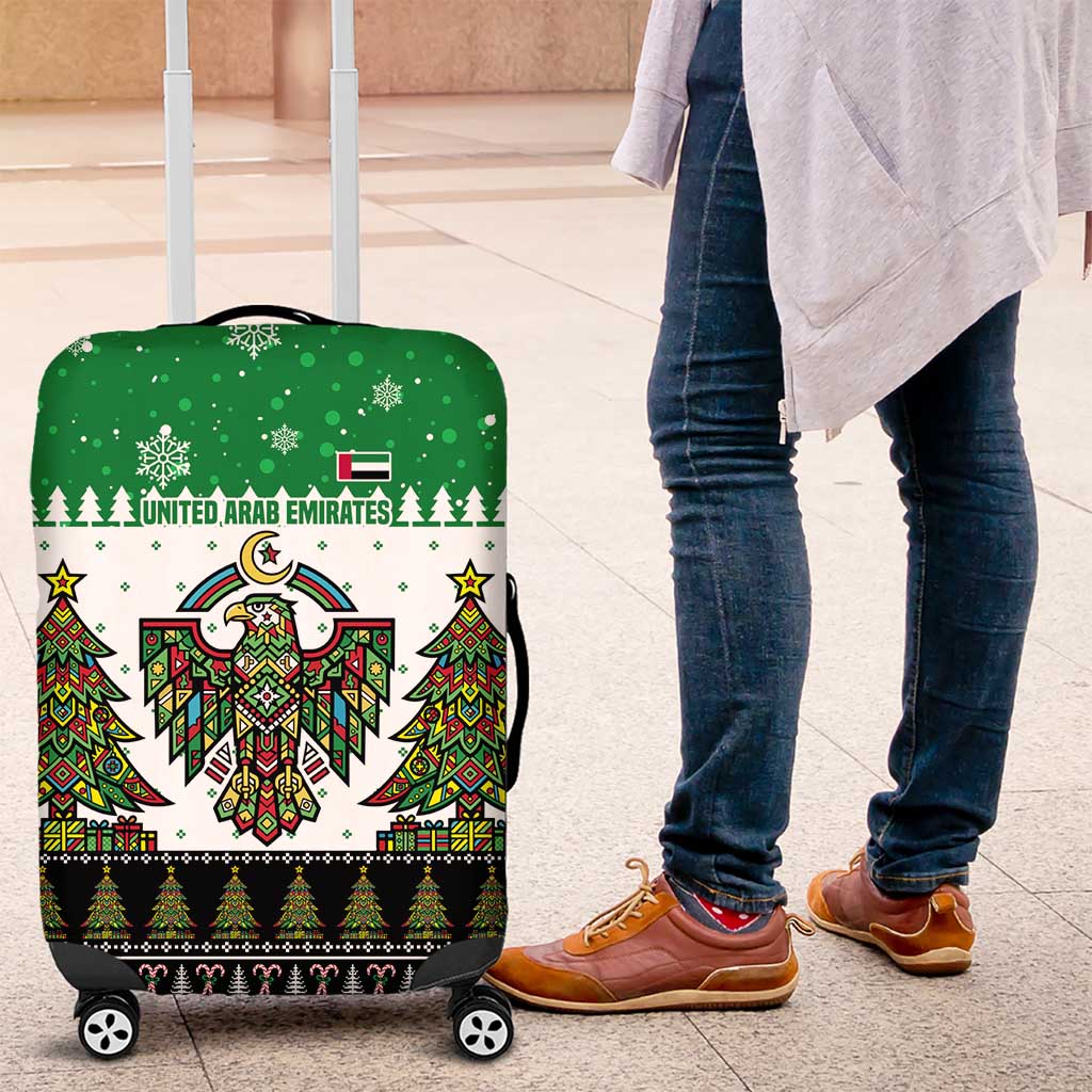 United Arab Emirates Christmas Luggage Cover with Falcon Tree Design Snowflake Pattern and National Emblem - Wonder Print Shop