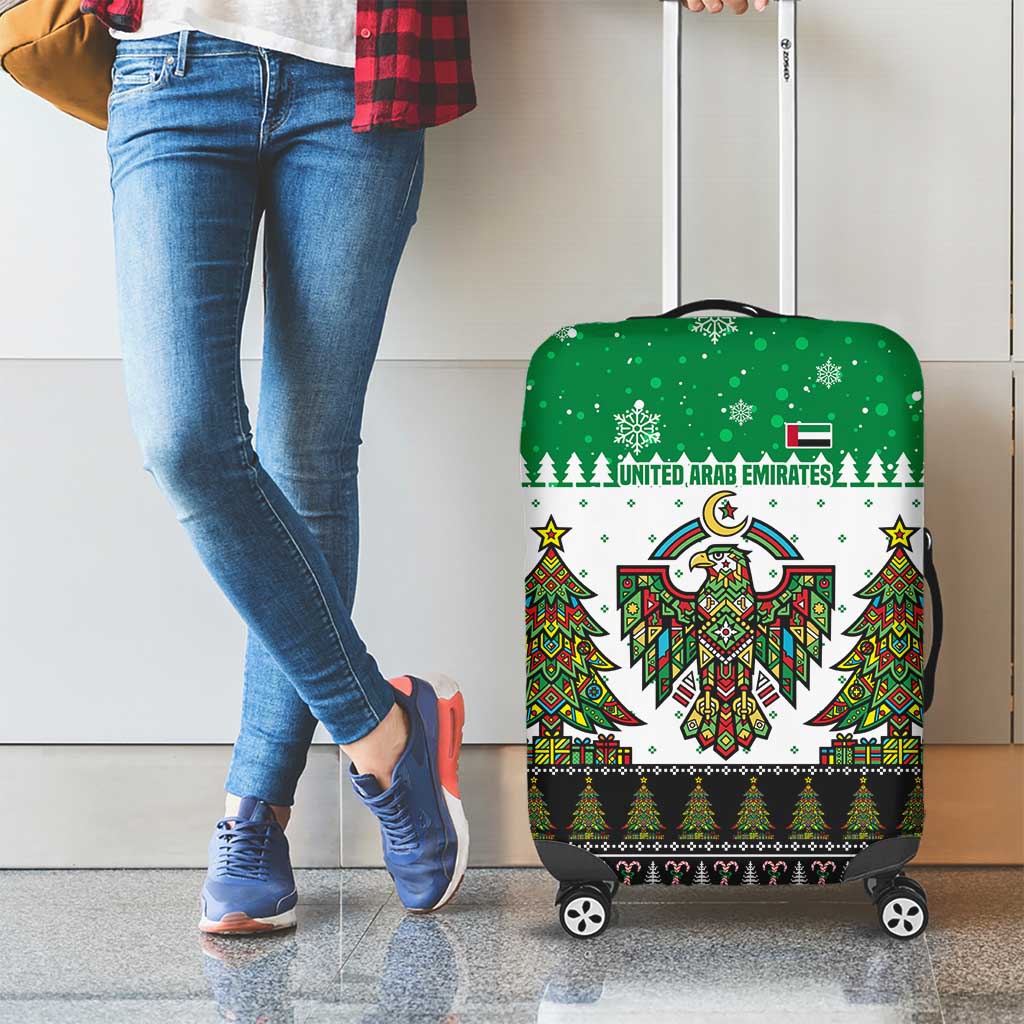 United Arab Emirates Christmas Luggage Cover with Falcon Tree Design Snowflake Pattern and National Emblem - Wonder Print Shop
