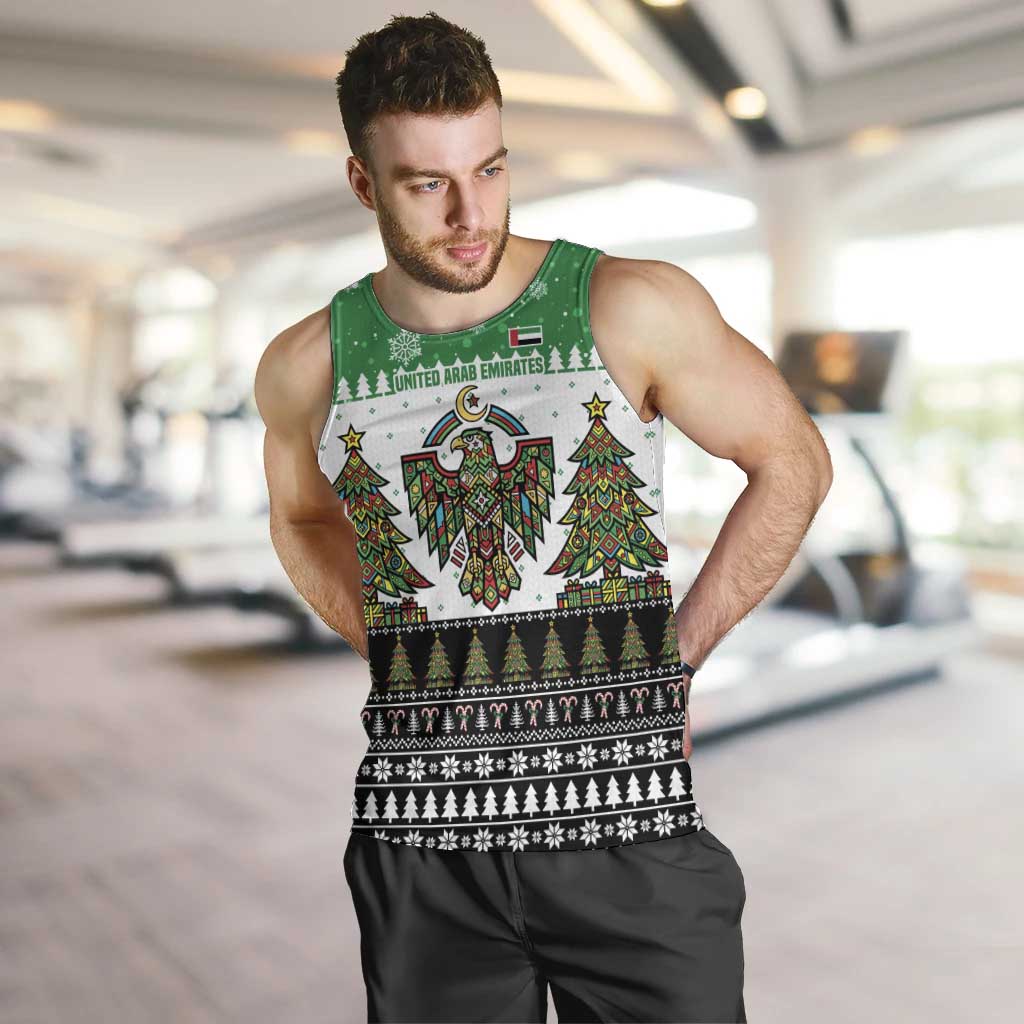 United Arab Emirates Christmas Men Tank Top with Falcon Tree Design Snowflake Pattern and National Emblem - Wonder Print Shop