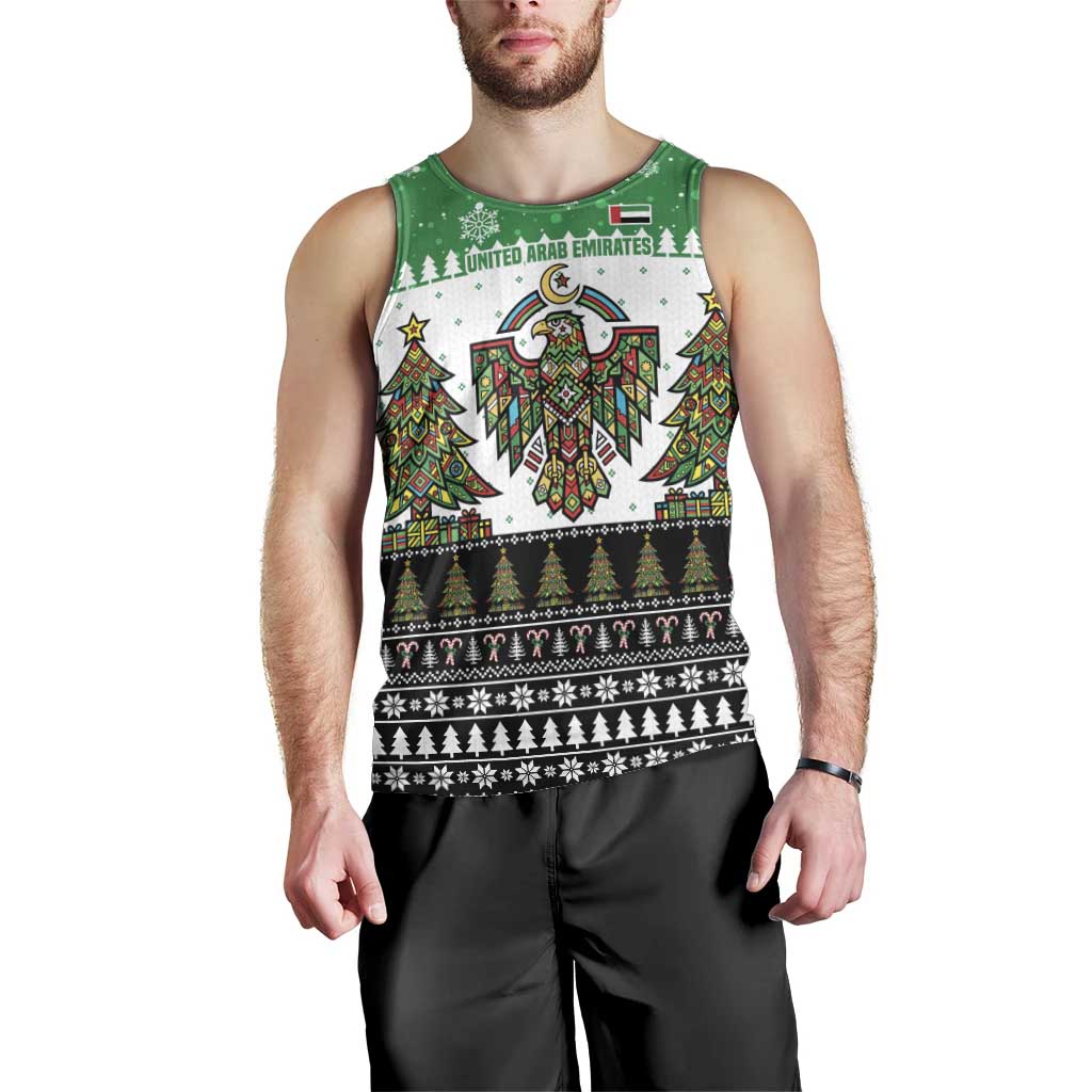 United Arab Emirates Christmas Men Tank Top with Falcon Tree Design Snowflake Pattern and National Emblem - Wonder Print Shop
