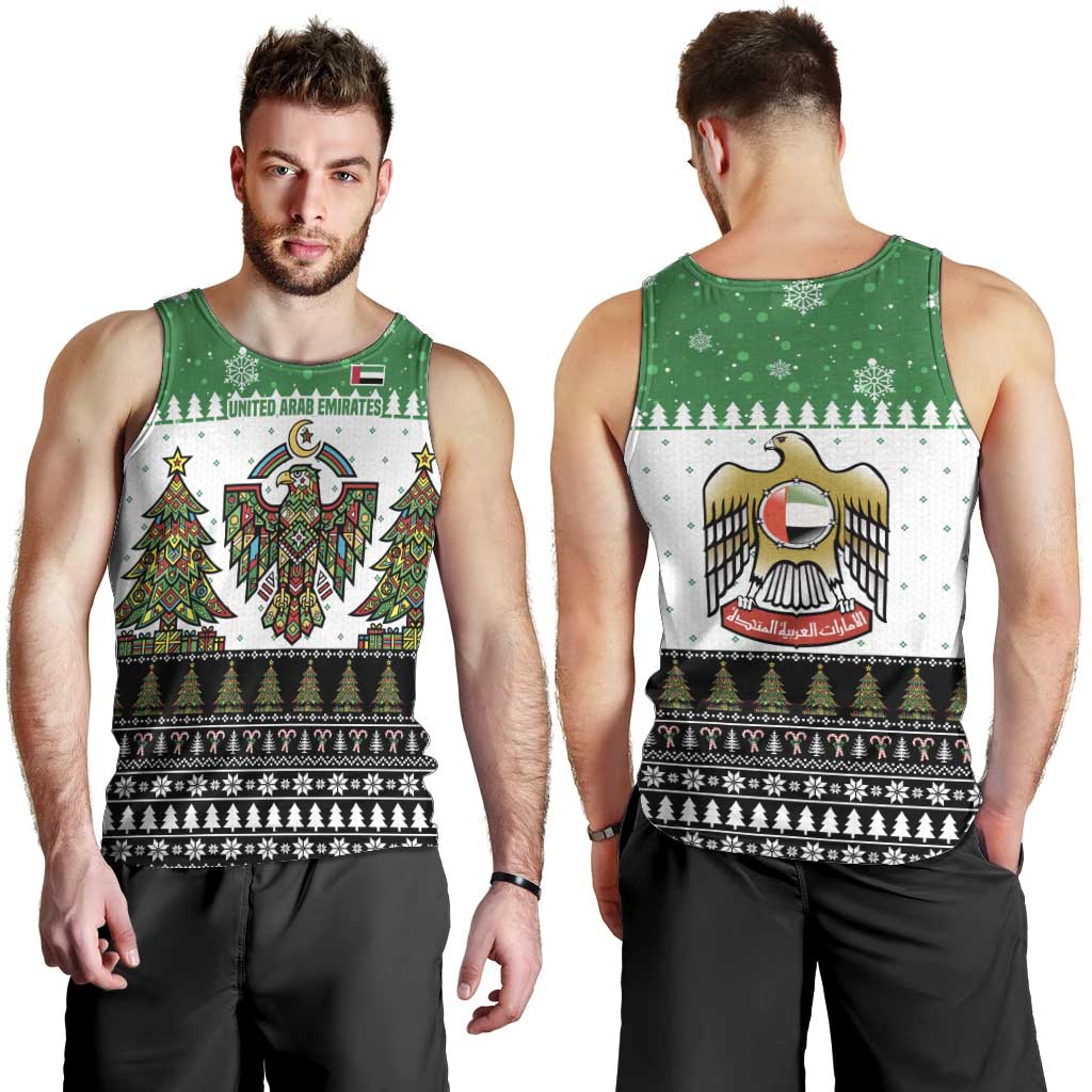 United Arab Emirates Christmas Men Tank Top with Falcon Tree Design Snowflake Pattern and National Emblem - Wonder Print Shop