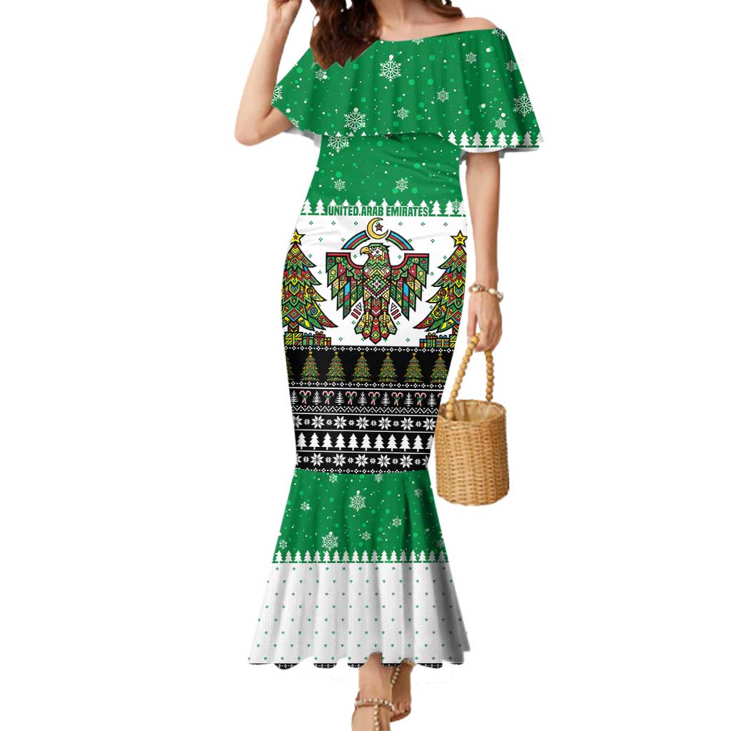 United Arab Emirates Christmas Mermaid Dress with Falcon Tree Design Snowflake Pattern and National Emblem - Wonder Print Shop