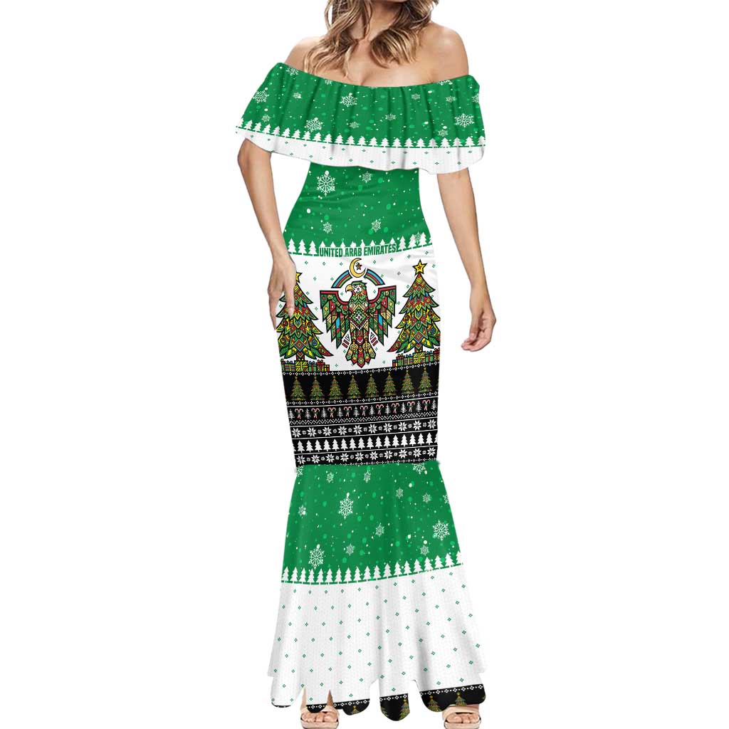 United Arab Emirates Christmas Mermaid Dress with Falcon Tree Design Snowflake Pattern and National Emblem - Wonder Print Shop