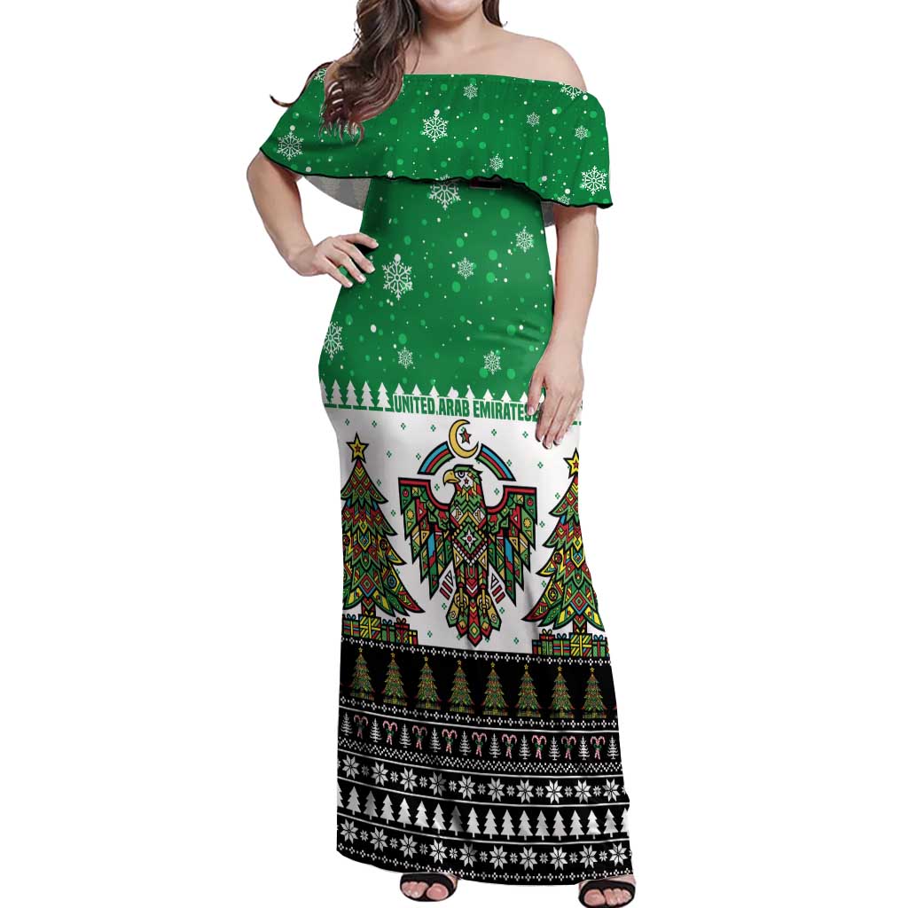 United Arab Emirates Christmas Off Shoulder Maxi Dress with Falcon Tree Design Snowflake Pattern and National Emblem - Wonder Print Shop