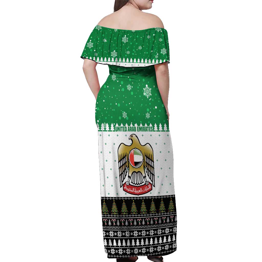 United Arab Emirates Christmas Off Shoulder Maxi Dress with Falcon Tree Design Snowflake Pattern and National Emblem - Wonder Print Shop