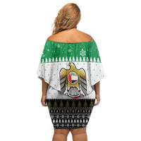 United Arab Emirates Christmas Off Shoulder Short Dress with Falcon Tree Design Snowflake Pattern and National Emblem - Wonder Print Shop