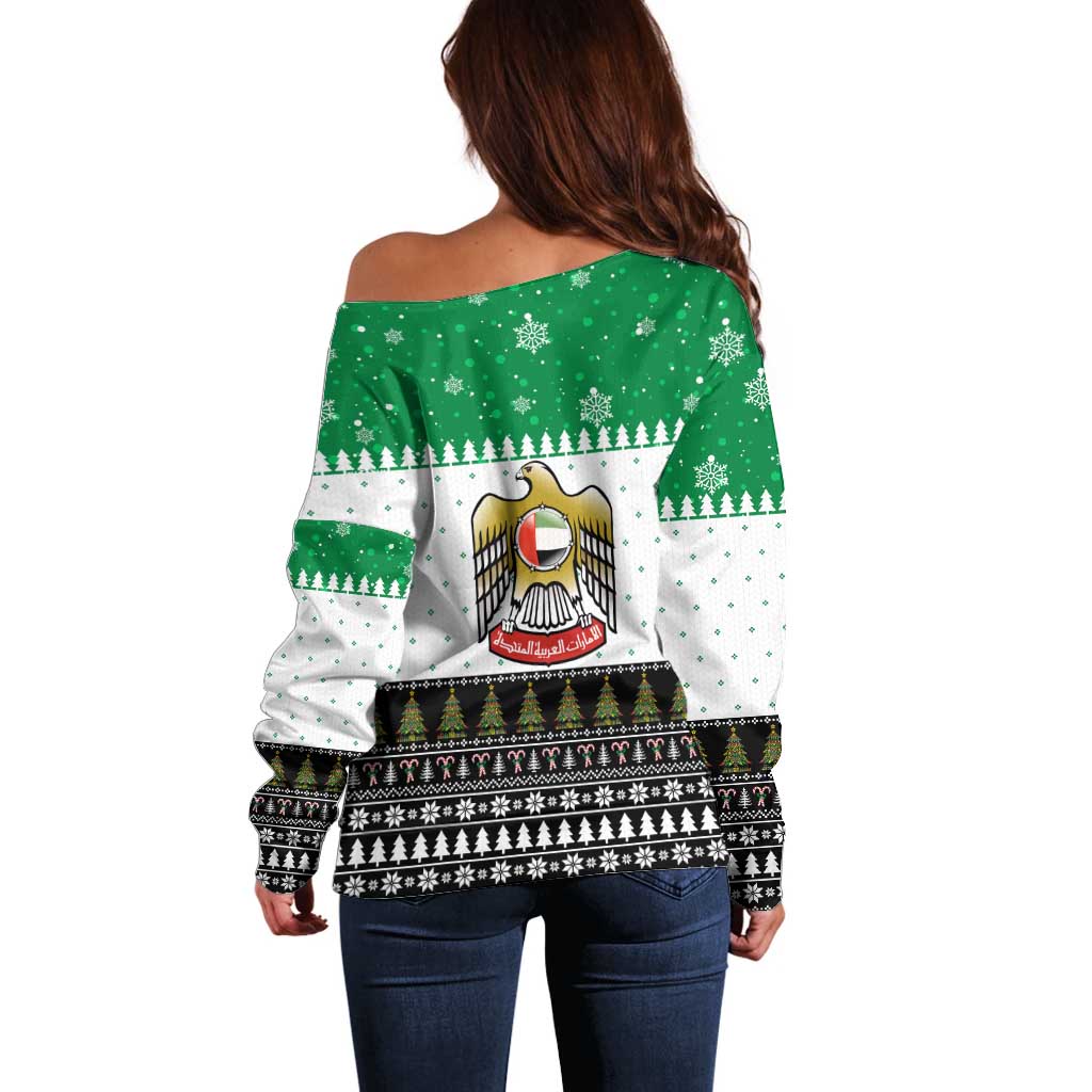 United Arab Emirates Christmas Off Shoulder Sweater with Falcon Tree Design Snowflake Pattern and National Emblem - Wonder Print Shop