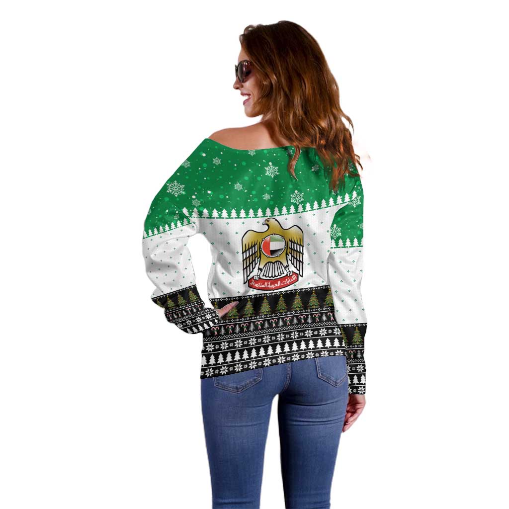 United Arab Emirates Christmas Off Shoulder Sweater with Falcon Tree Design Snowflake Pattern and National Emblem - Wonder Print Shop