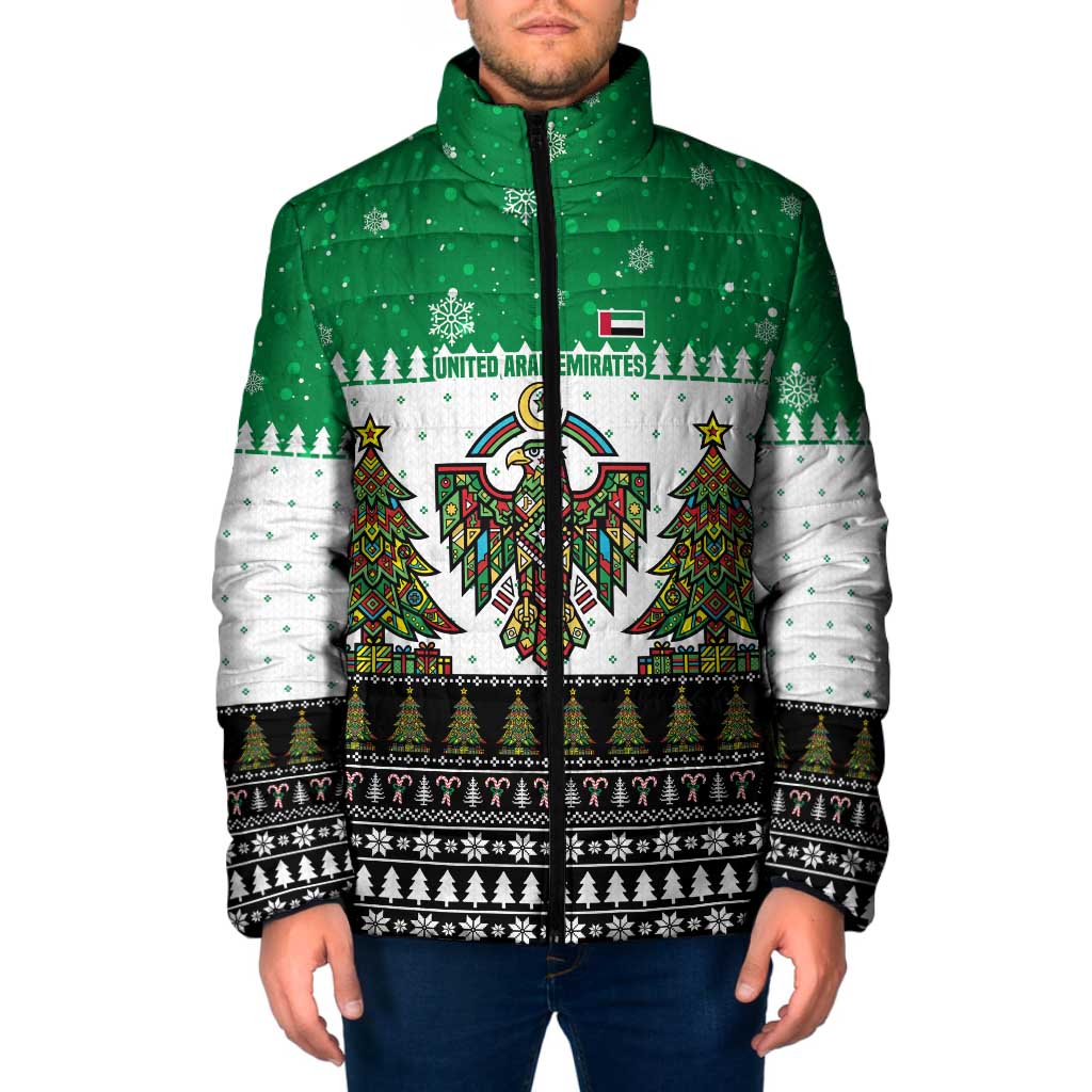 United Arab Emirates Christmas Padded Jacket with Falcon Tree Design Snowflake Pattern and National Emblem - Wonder Print Shop