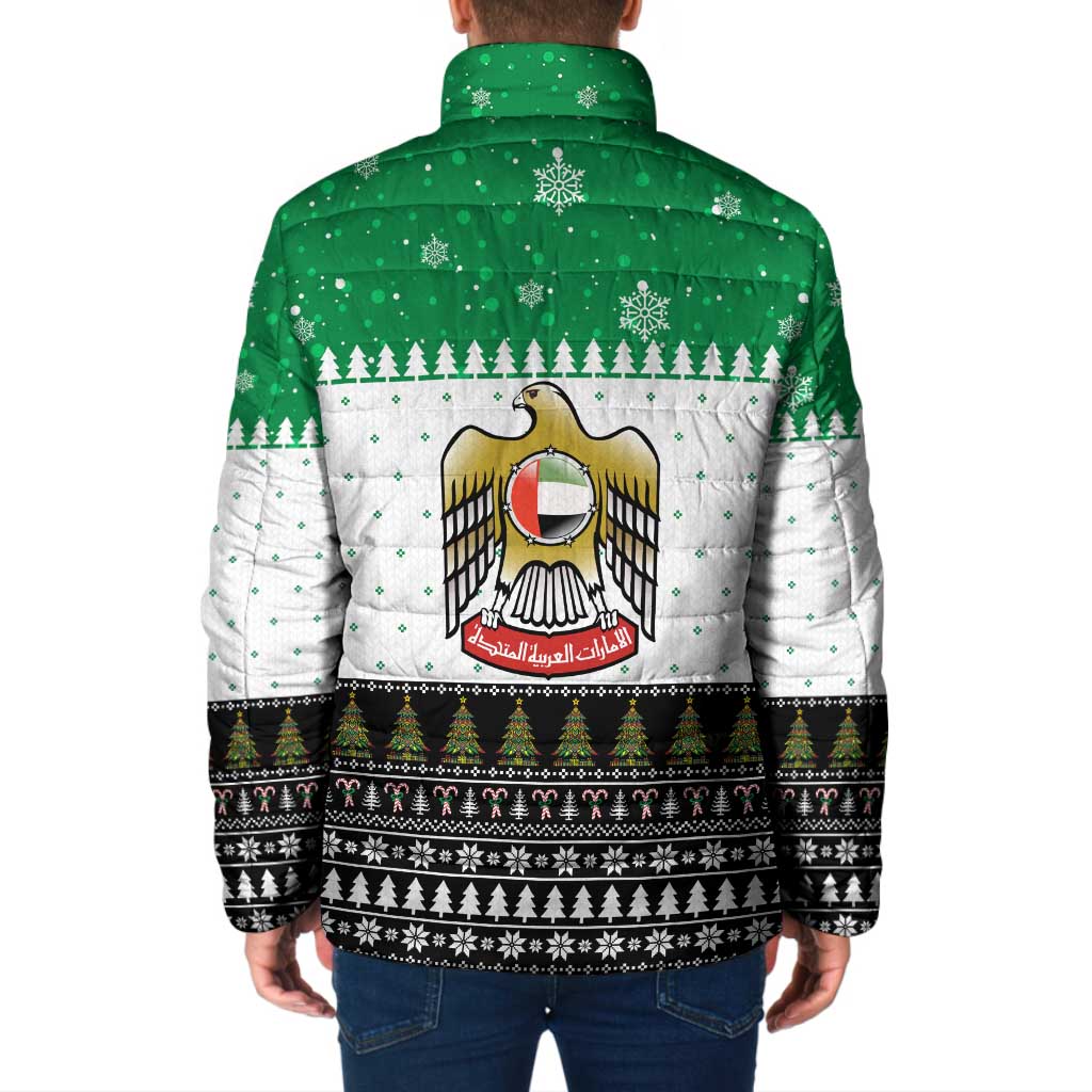United Arab Emirates Christmas Padded Jacket with Falcon Tree Design Snowflake Pattern and National Emblem - Wonder Print Shop