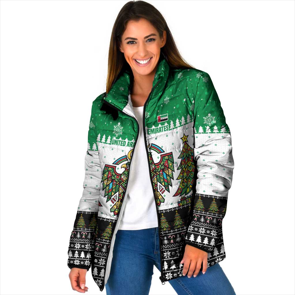 United Arab Emirates Christmas Padded Jacket with Falcon Tree Design Snowflake Pattern and National Emblem - Wonder Print Shop