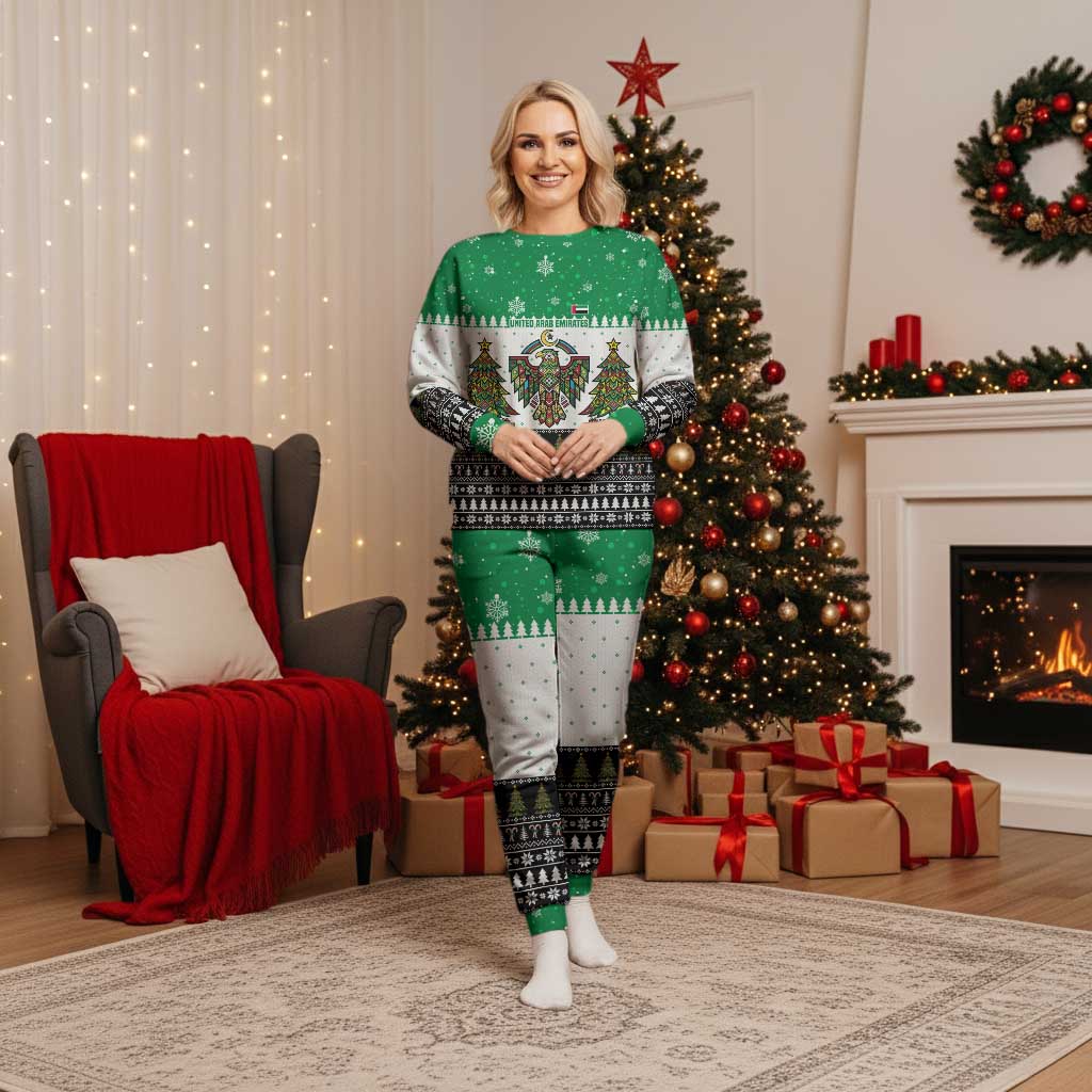 United Arab Emirates Christmas Pajama Set with Falcon Tree Design Snowflake Pattern and National Emblem - Wonder Print Shop