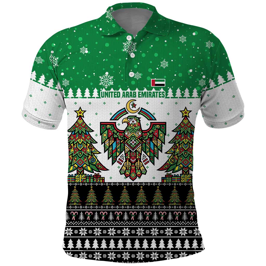 United Arab Emirates Christmas Polo Shirt with Falcon Tree Design Snowflake Pattern and National Emblem - Wonder Print Shop