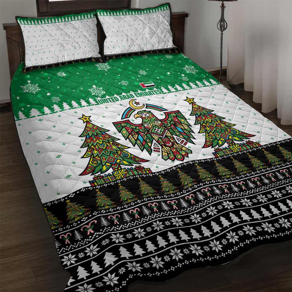 United Arab Emirates Christmas Quilt Bed Set with Falcon Tree Design Snowflake Pattern and National Emblem - Wonder Print Shop