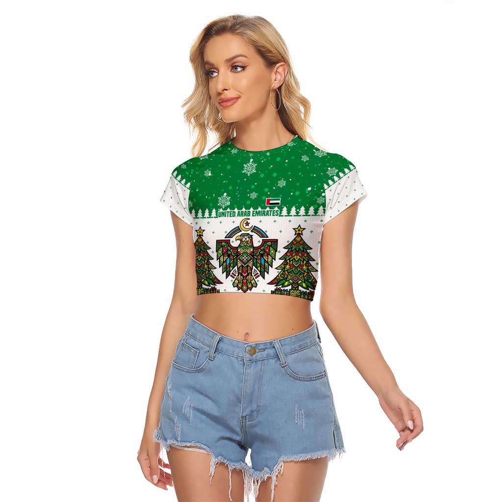 United Arab Emirates Christmas Raglan Cropped T Shirt with Falcon Tree Design Snowflake Pattern and National Emblem - Wonder Print Shop