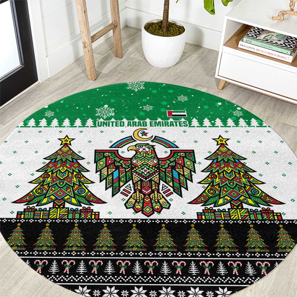 United Arab Emirates Christmas Round Carpet with Falcon Tree Design Snowflake Pattern and National Emblem - Wonder Print Shop
