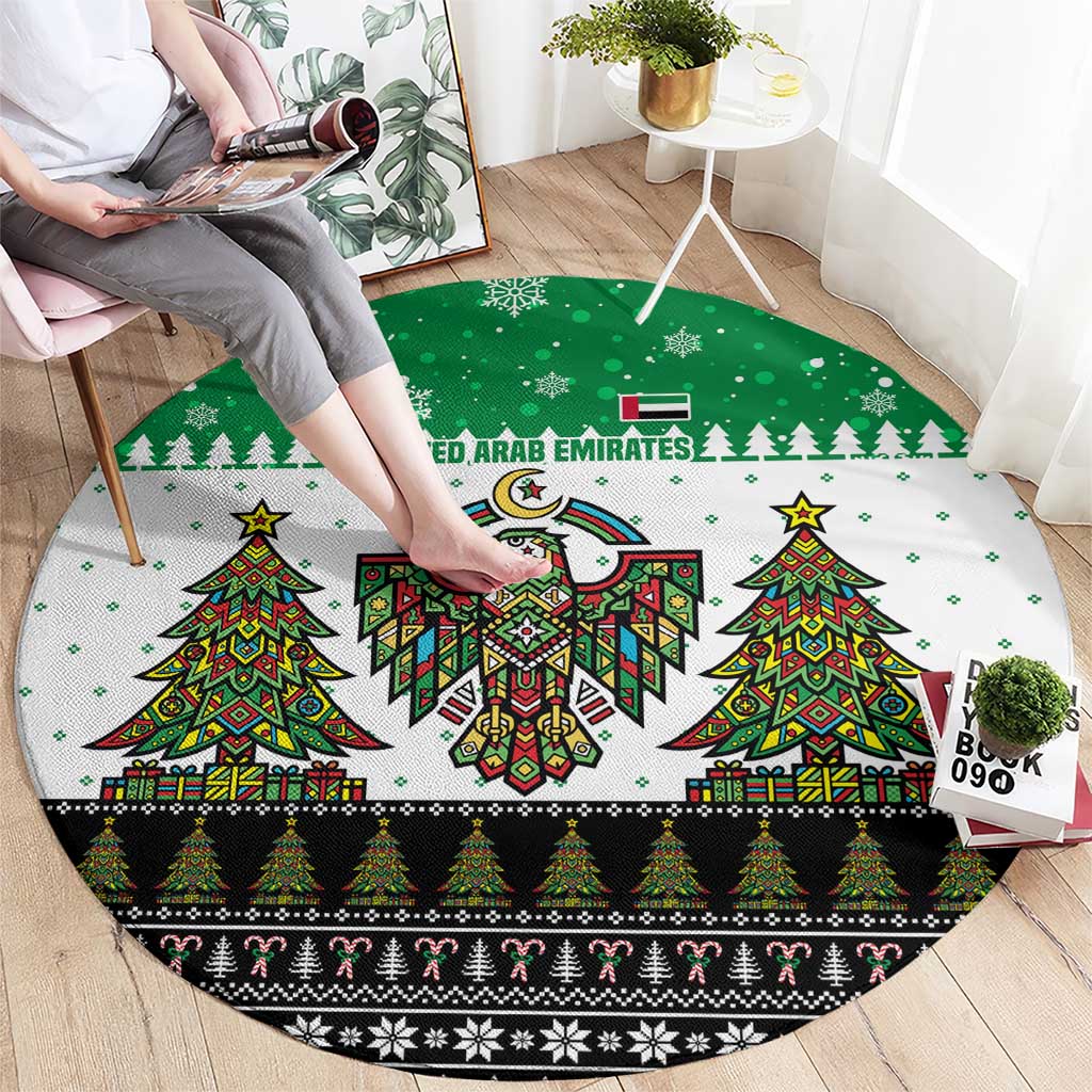 United Arab Emirates Christmas Round Carpet with Falcon Tree Design Snowflake Pattern and National Emblem - Wonder Print Shop