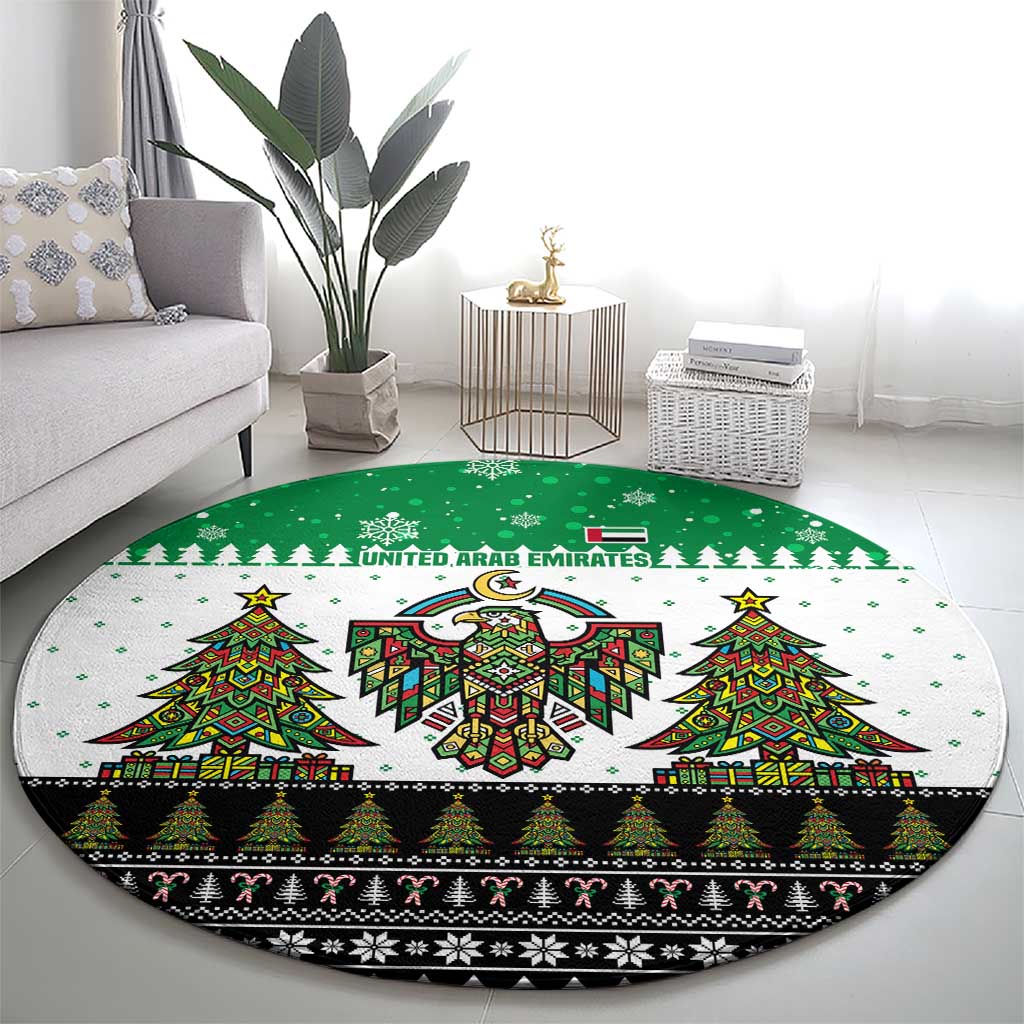 United Arab Emirates Christmas Round Carpet with Falcon Tree Design Snowflake Pattern and National Emblem - Wonder Print Shop
