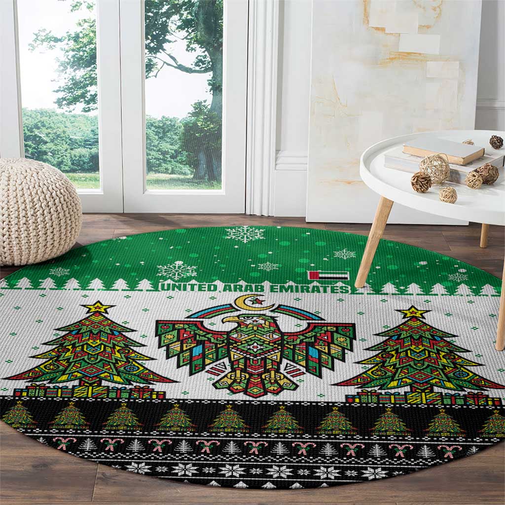 United Arab Emirates Christmas Round Carpet with Falcon Tree Design Snowflake Pattern and National Emblem - Wonder Print Shop