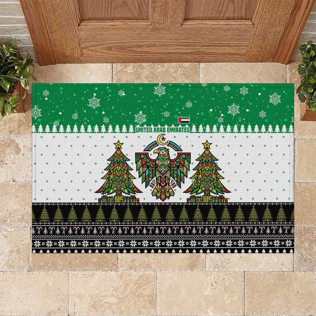 United Arab Emirates Christmas Rubber Doormat with Falcon Tree Design Snowflake Pattern and National Emblem - undefined