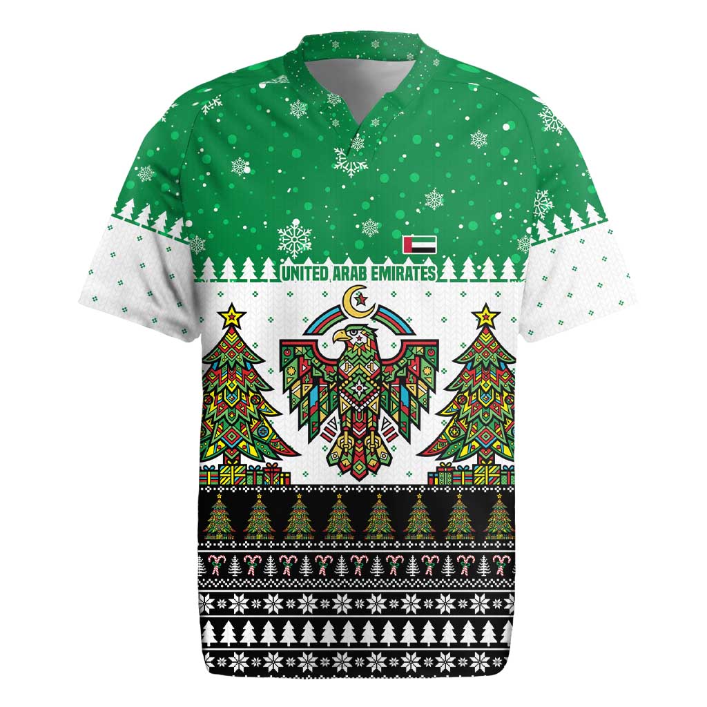 United Arab Emirates Christmas Rugby Jersey with Falcon Tree Design Snowflake Pattern and National Emblem - Wonder Print Shop