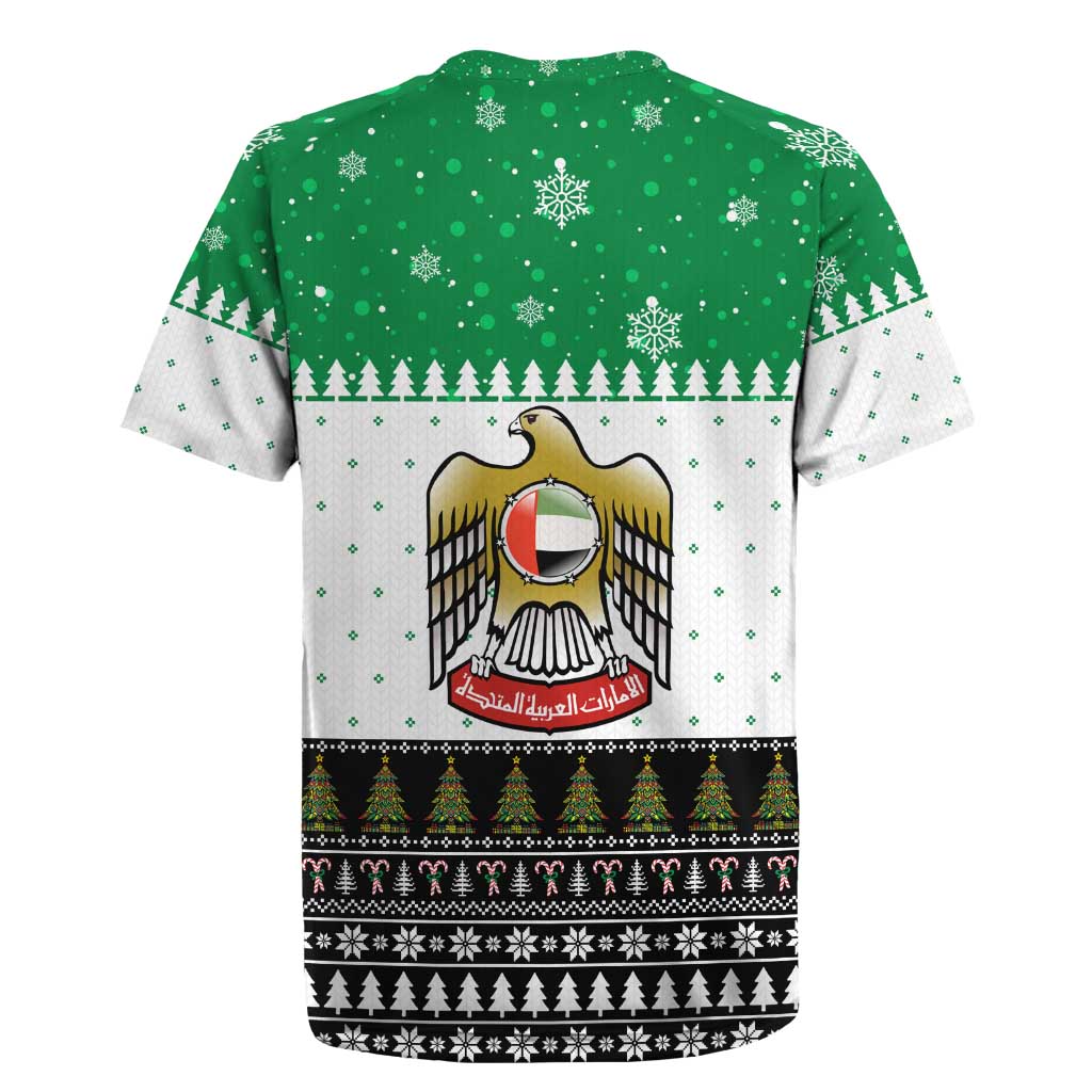 United Arab Emirates Christmas Rugby Jersey with Falcon Tree Design Snowflake Pattern and National Emblem - Wonder Print Shop