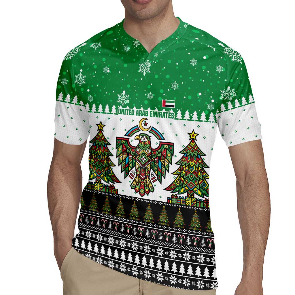 United Arab Emirates Christmas Rugby Jersey with Falcon Tree Design Snowflake Pattern and National Emblem - Wonder Print Shop
