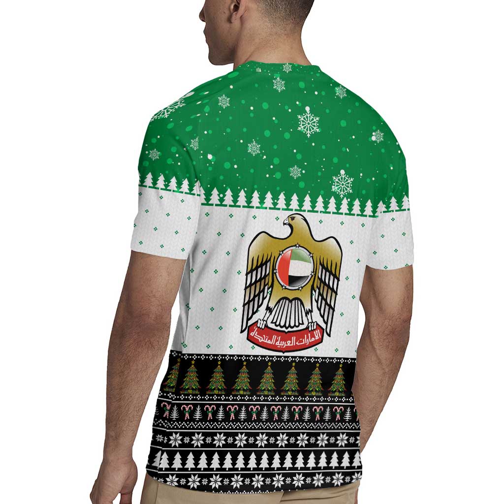 United Arab Emirates Christmas Rugby Jersey with Falcon Tree Design Snowflake Pattern and National Emblem - Wonder Print Shop