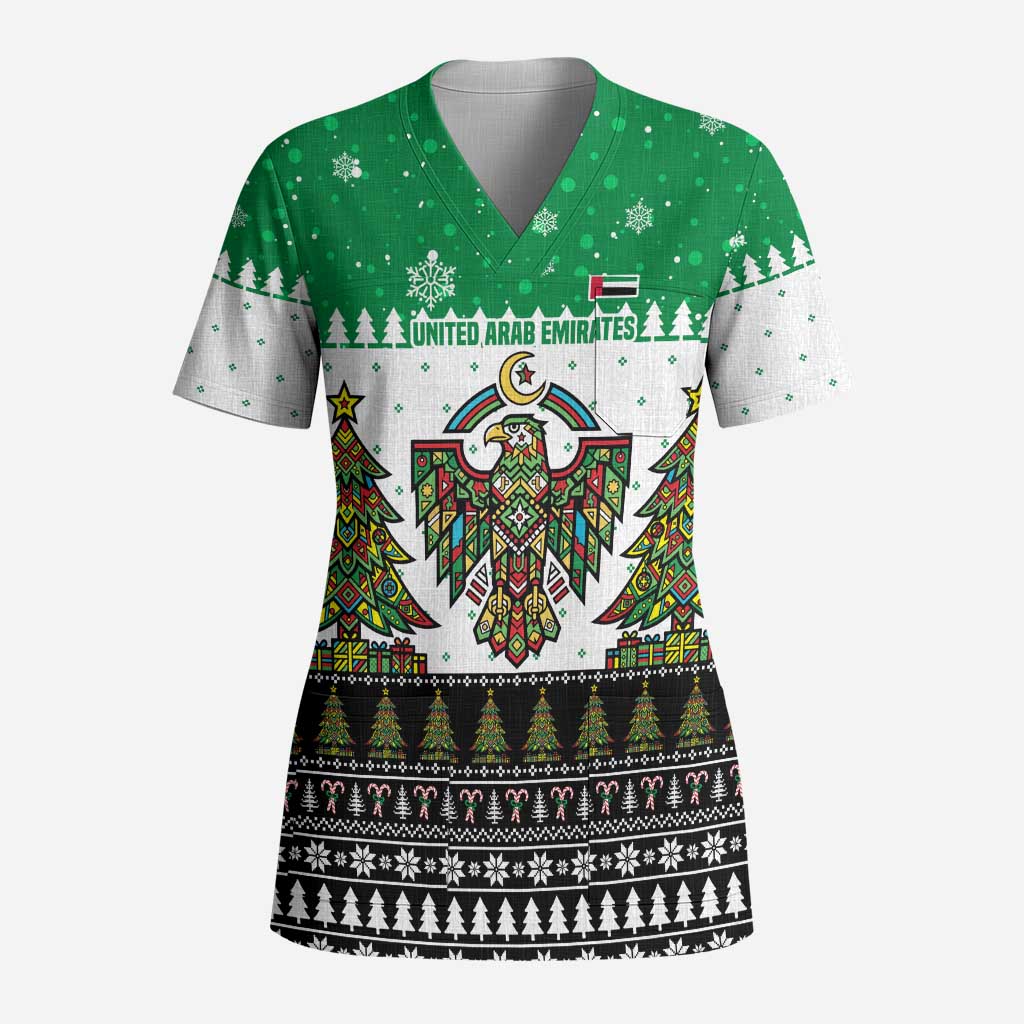 United Arab Emirates Christmas Scrub Top with Falcon Tree Design Snowflake Pattern and National Emblem - Wonder Print Shop