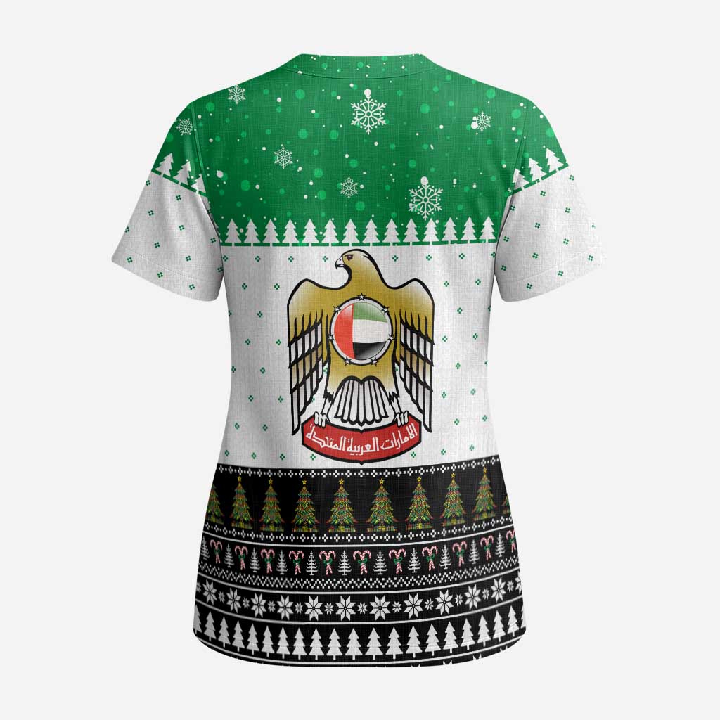 United Arab Emirates Christmas Scrub Top with Falcon Tree Design Snowflake Pattern and National Emblem - Wonder Print Shop