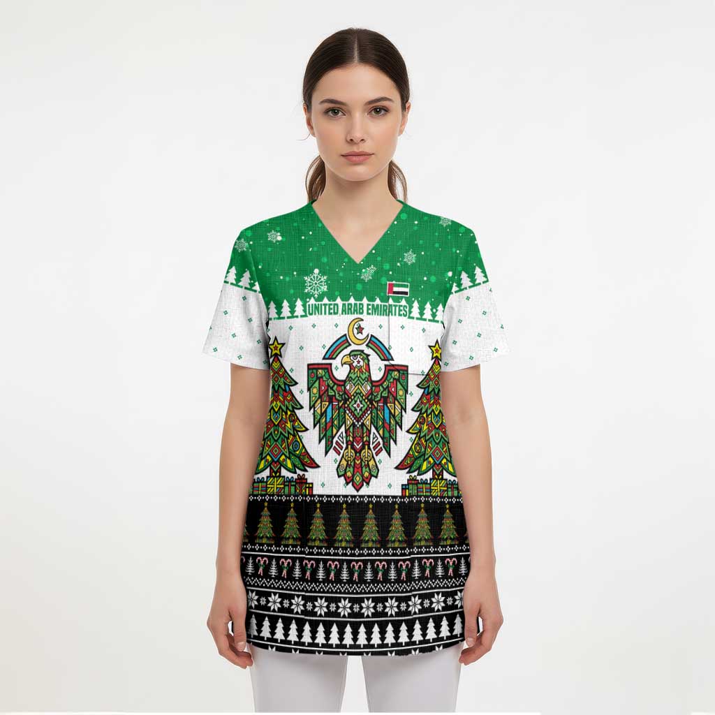 United Arab Emirates Christmas Scrub Top with Falcon Tree Design Snowflake Pattern and National Emblem - Wonder Print Shop