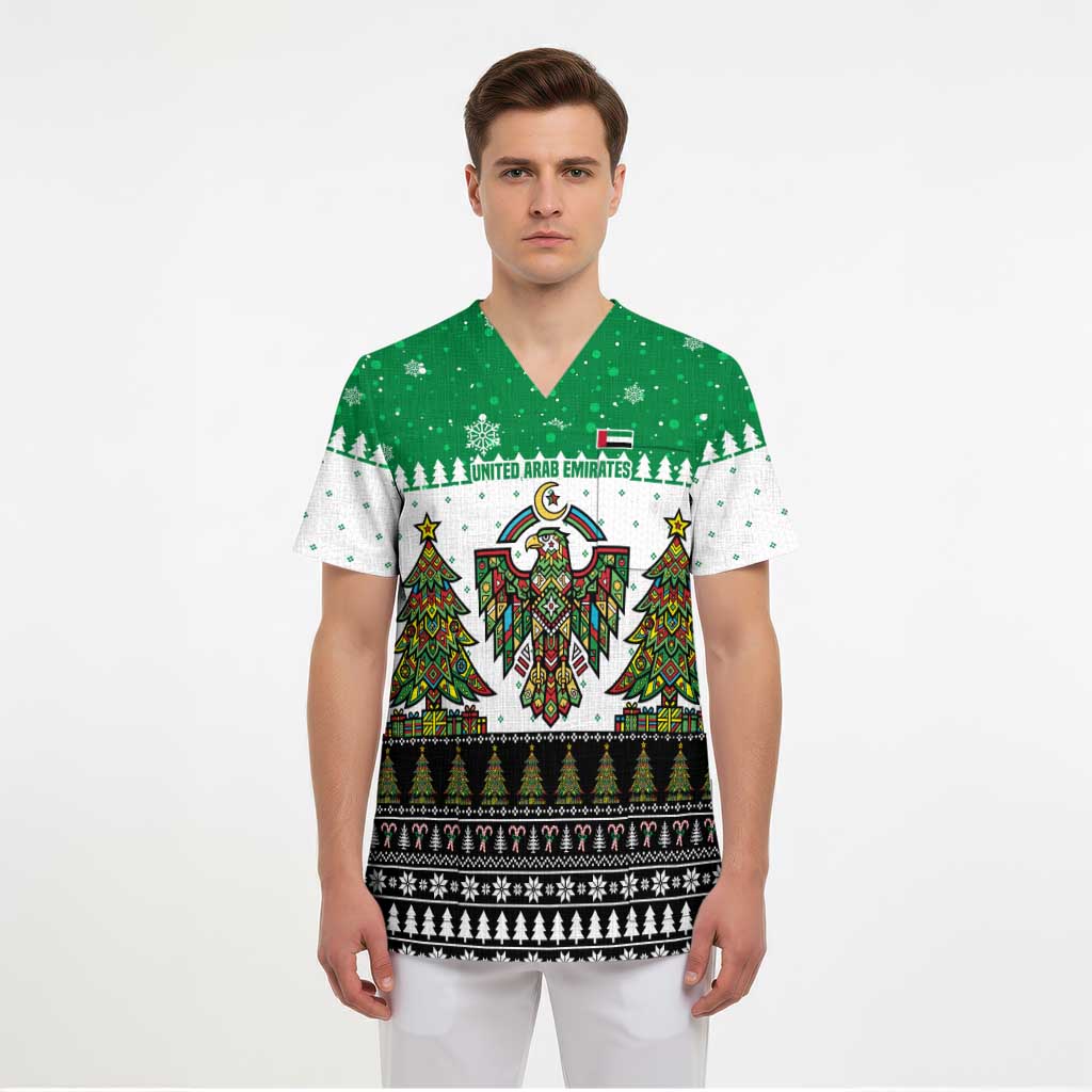 United Arab Emirates Christmas Scrub Top with Falcon Tree Design Snowflake Pattern and National Emblem - Wonder Print Shop