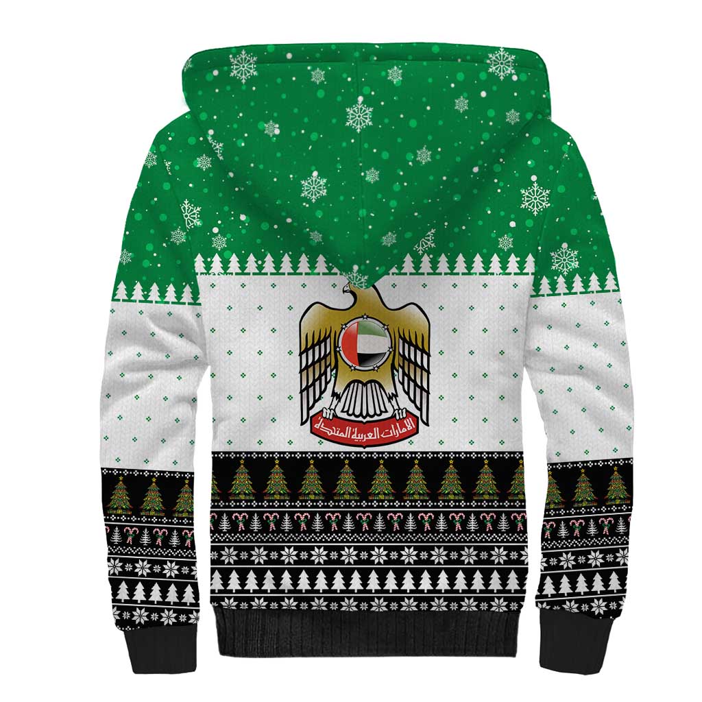 United Arab Emirates Christmas Sherpa Hoodie with Falcon Tree Design Snowflake Pattern and National Emblem - Wonder Print Shop