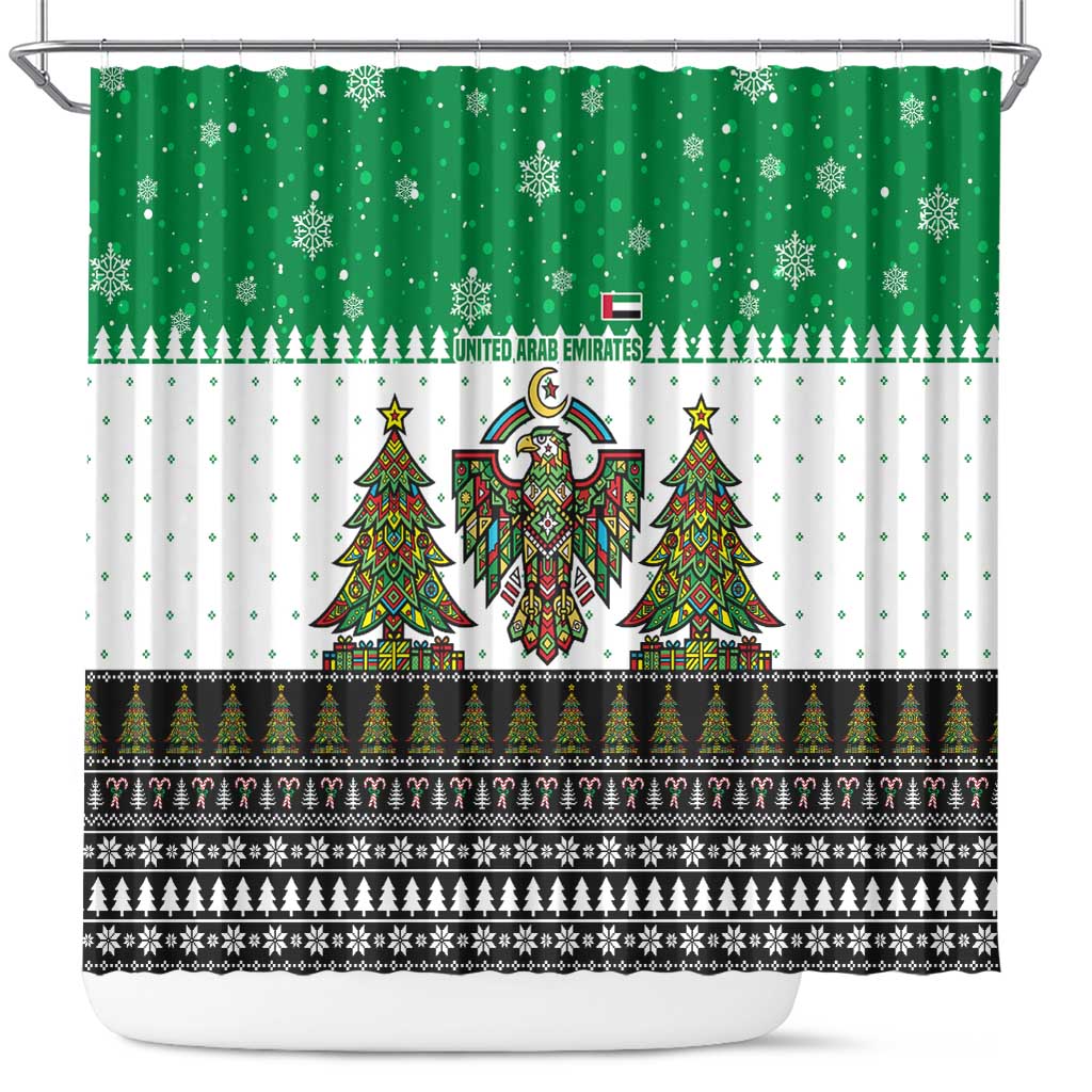 United Arab Emirates Christmas Shower Curtain with Falcon Tree Design Snowflake Pattern and National Emblem - Wonder Print Shop