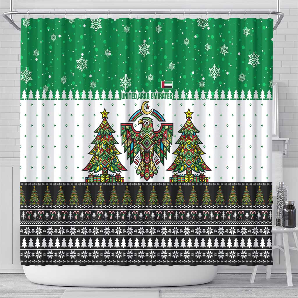 United Arab Emirates Christmas Shower Curtain with Falcon Tree Design Snowflake Pattern and National Emblem - Wonder Print Shop