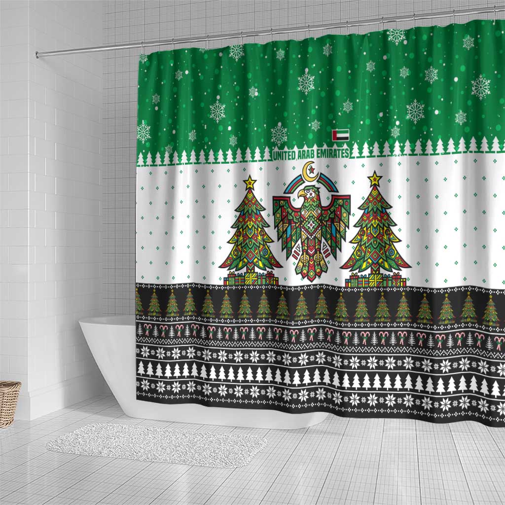 United Arab Emirates Christmas Shower Curtain with Falcon Tree Design Snowflake Pattern and National Emblem - Wonder Print Shop