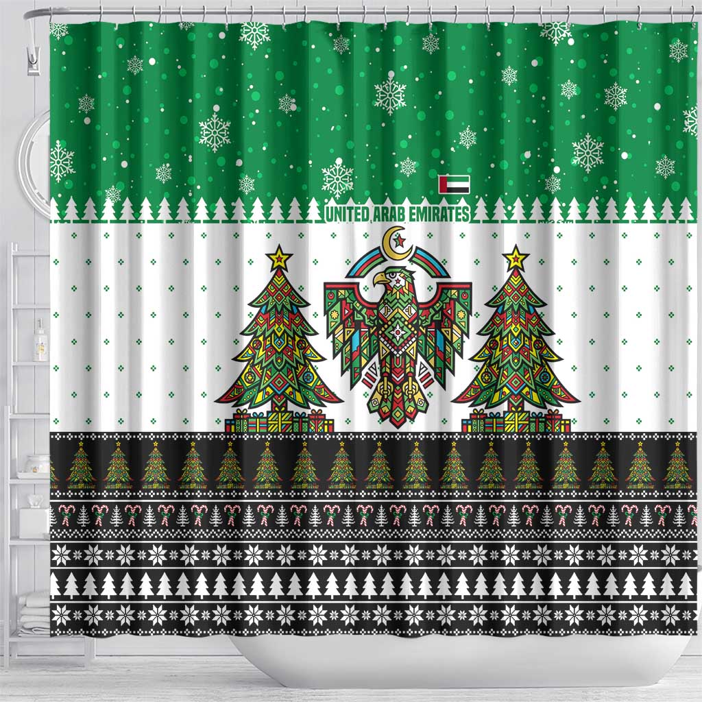 United Arab Emirates Christmas Shower Curtain with Falcon Tree Design Snowflake Pattern and National Emblem - Wonder Print Shop