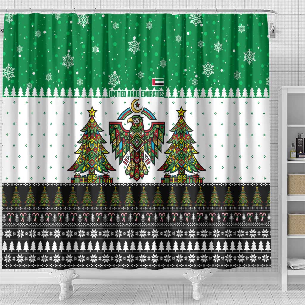United Arab Emirates Christmas Shower Curtain with Falcon Tree Design Snowflake Pattern and National Emblem - Wonder Print Shop