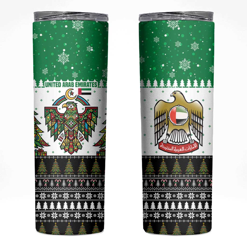 United Arab Emirates Christmas Skinny Tumbler with Falcon Tree Design Snowflake Pattern and National Emblem - Wonder Print Shop