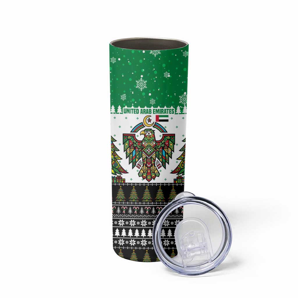 United Arab Emirates Christmas Skinny Tumbler with Falcon Tree Design Snowflake Pattern and National Emblem - Wonder Print Shop