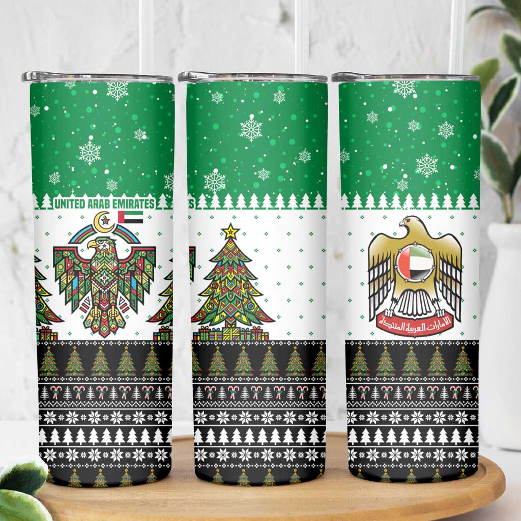 United Arab Emirates Christmas Skinny Tumbler with Falcon Tree Design Snowflake Pattern and National Emblem - Wonder Print Shop