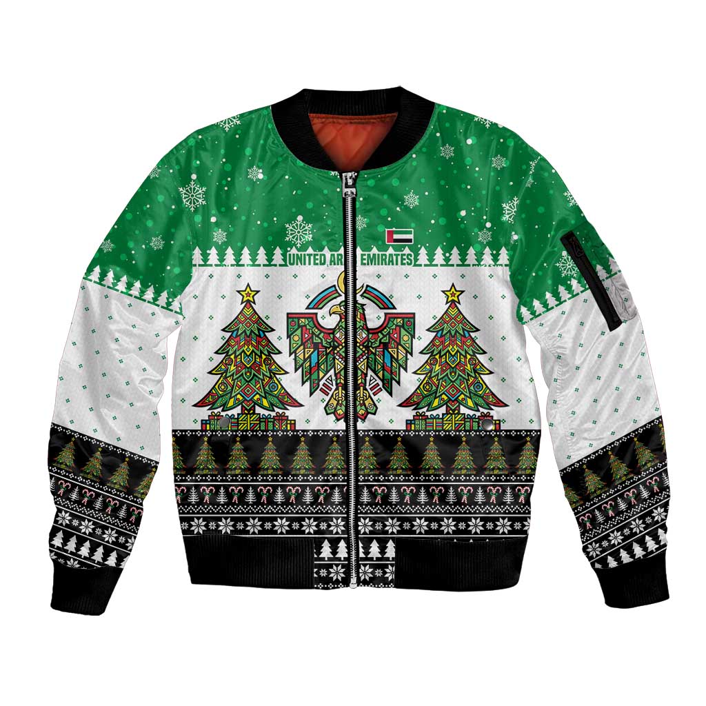 United Arab Emirates Christmas Sleeve Zip Bomber Jacket with Falcon Tree Design Snowflake Pattern and National Emblem - Wonder Print Shop